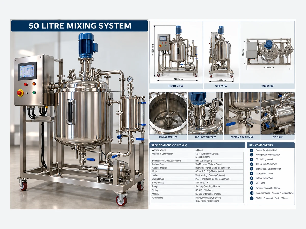Engineering drawing of a 50 litre stainless steel mixing system
