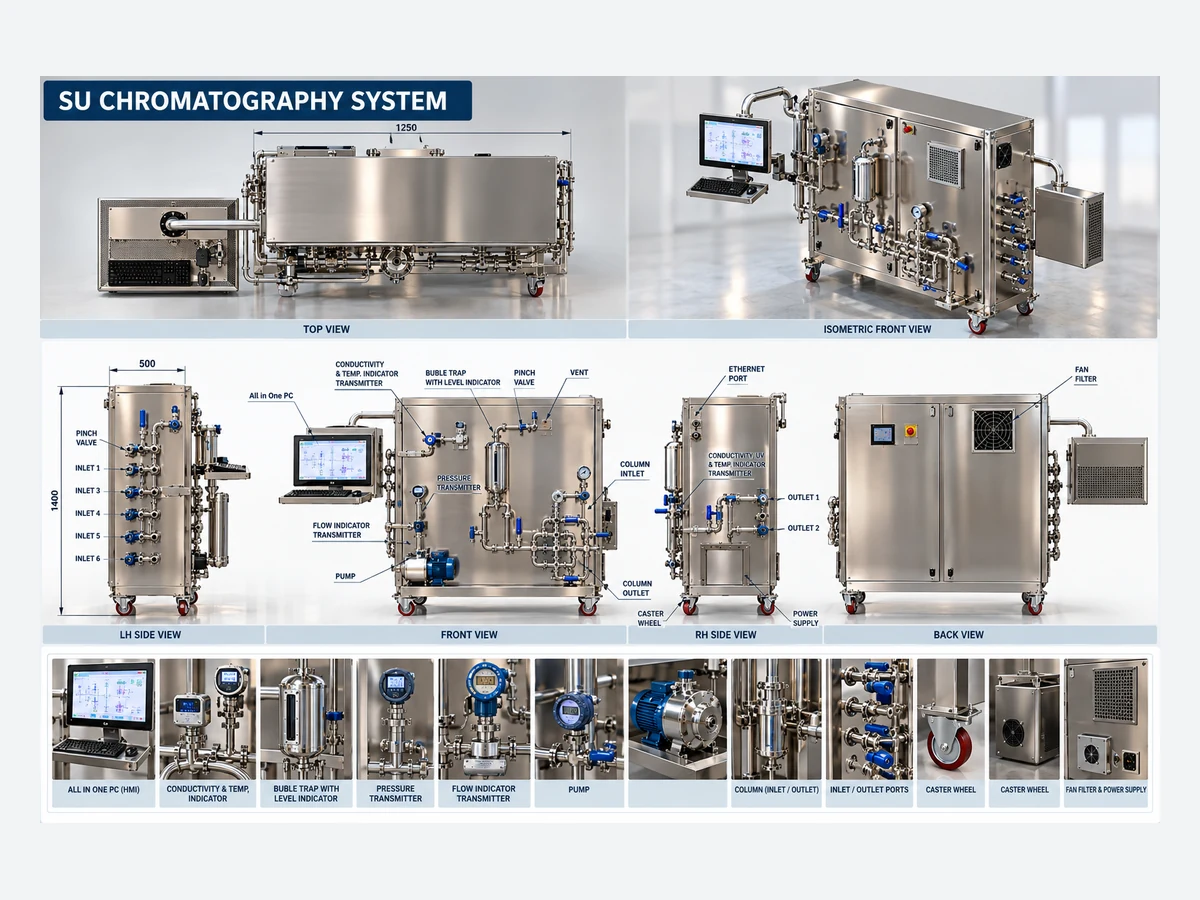 Single-use chromatography system drawing with flow diagram and isometric layout