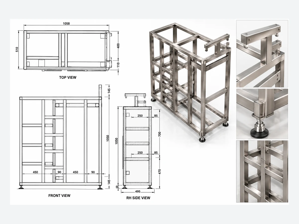 Stainless steel frame assembly fabrication drawing with dimensions
