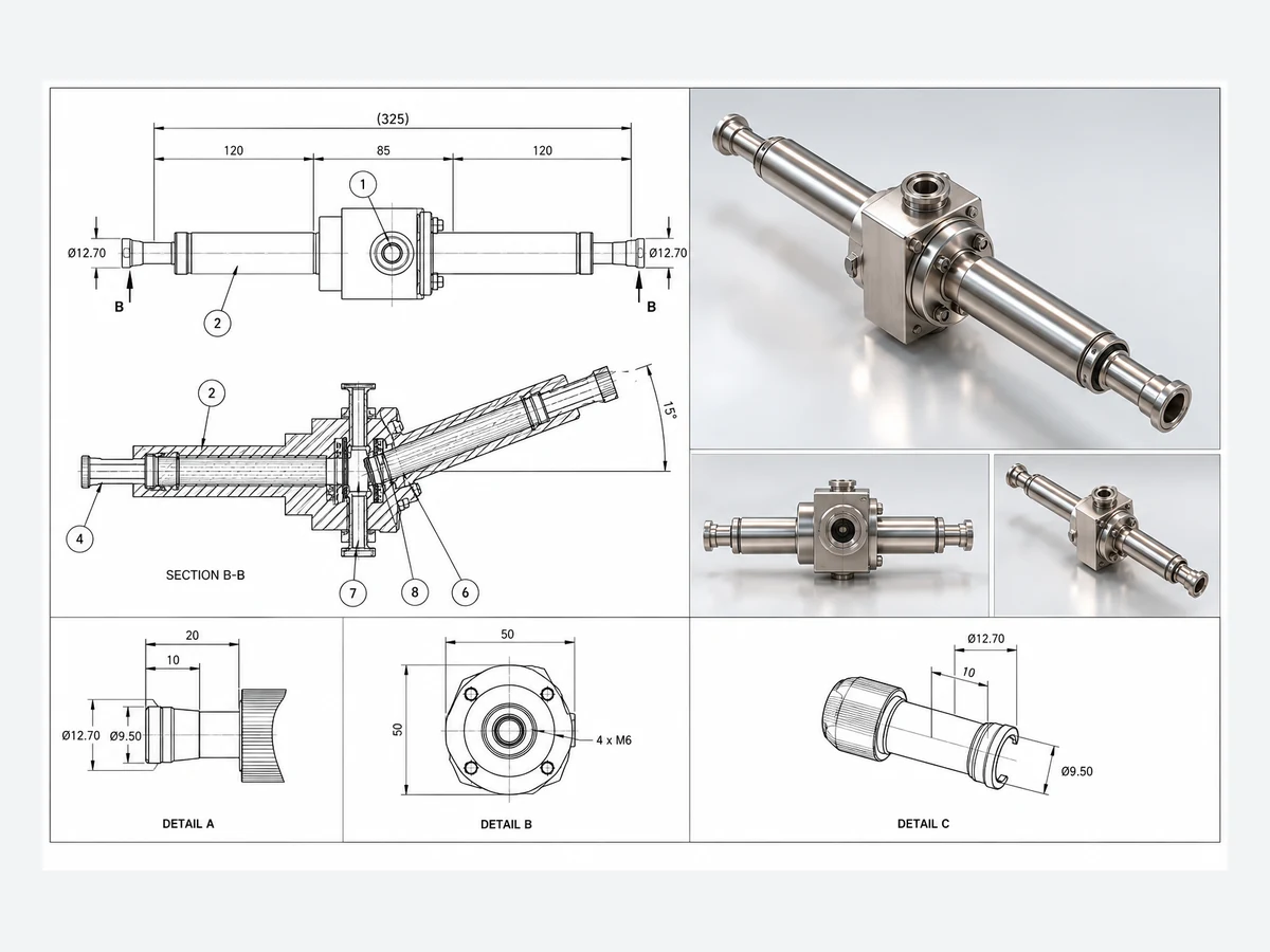 Stainless steel joint assembly blueprint and renders
