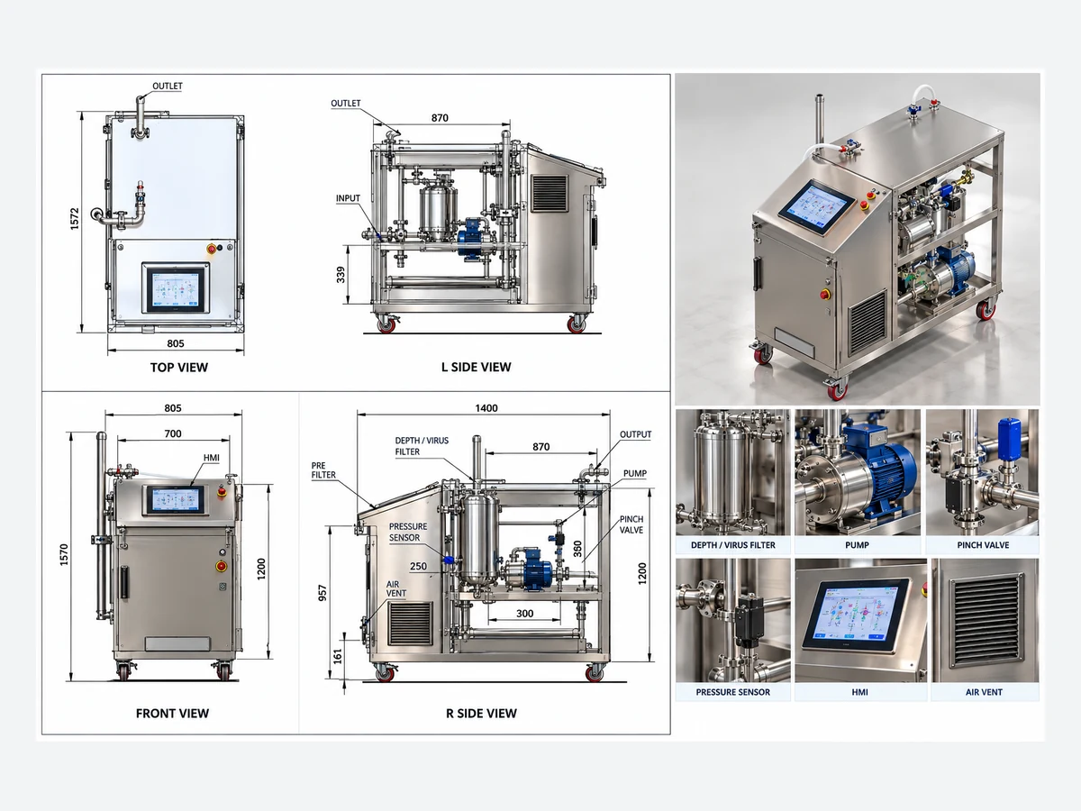 Virus filtration skid drawing with pumps, pinch valves and pressure sensors